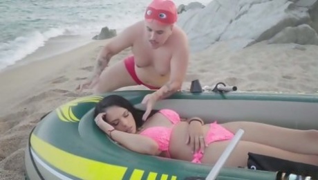 Two kinky dudes fuck super juicy Spanish milf Katrina Moreno chick on the beach