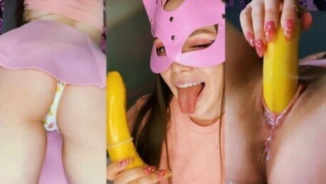 Horny student fucks her sweet pussy with a banana. Wet fuck 