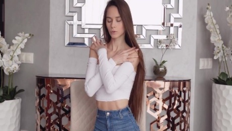 Aesthetic soloing teen Leona Mia opens her little pink pussy